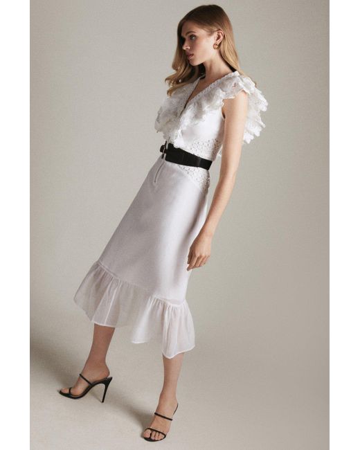 Karen Millen Gray Broderie And Ruffle Detail Maxi Woven Dress
