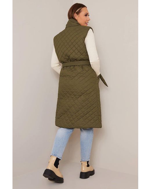Chi Chi London Green Diamond Quilted Longline Belted Gilet