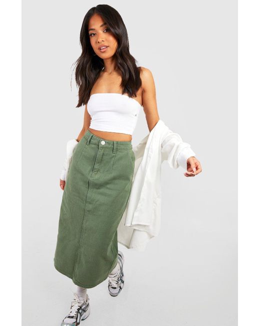Boohoo Green Petite Denim Midi Skirt