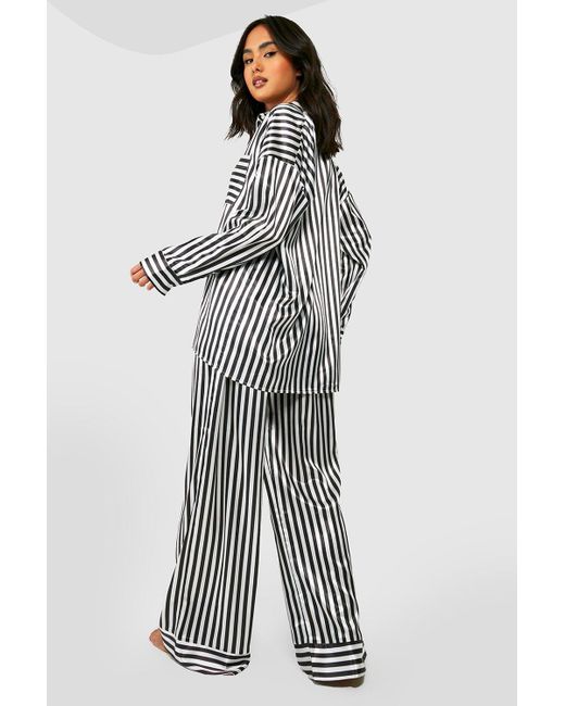 Boohoo Black Oversized Contrast Stripe Satin Pajama Shirt & Pants Set
