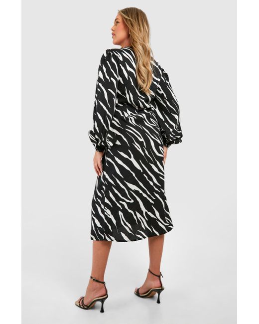 Boohoo Black Plus Animal Print Blouson Sleeve Midi Dress
