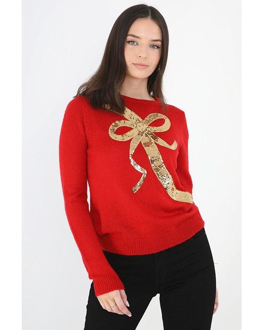 Brave Soul Red 'gift' Sequin Bow Novelty Christmas Jumper