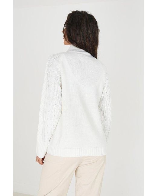 Brave Soul White 'skye' Turtle Neck Cable Knit Jumper With Button Detail