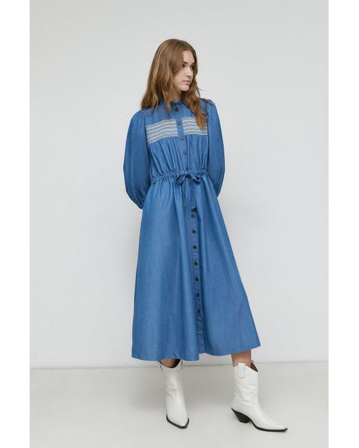 Warehouse Blue Denim Shirred Embroidery Detail Midi Dress