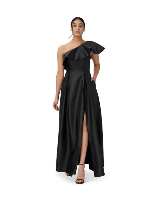 Adrianna Papell Black One Shoulder Mikado Gown