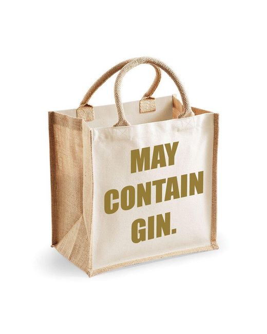 60 SECOND MAKEOVER Metallic Medium Jute Bag May Contain Gin Natural Bag Gold Text