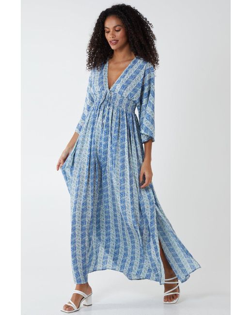 Blue Vanilla Blue Ruched Waist Kimono Maxi Dress