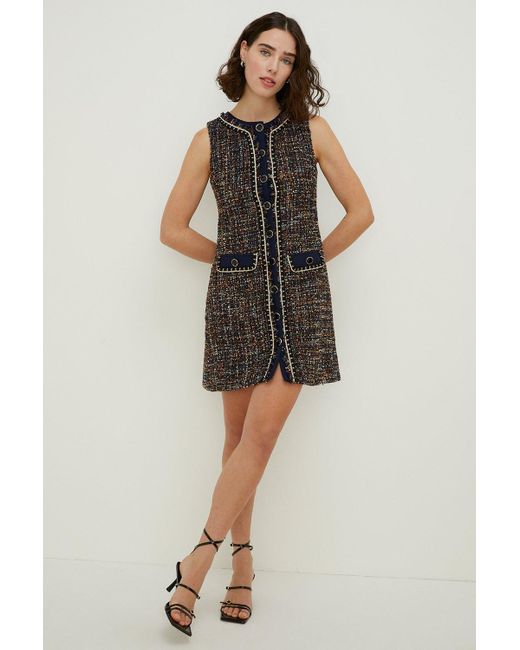 Oasis Blue Tweed Trimmed Button Through Mini Dress
