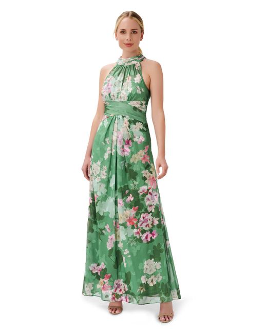 Adrianna Papell Green Print Halter Chiffon Gown