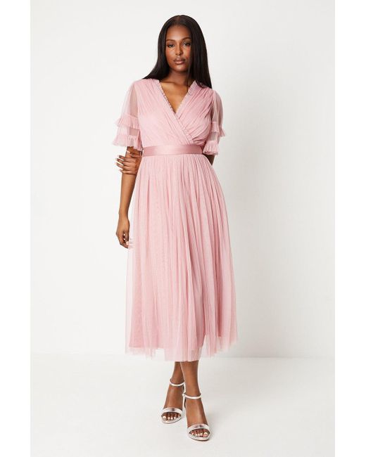 Coast Pink Short Sleeve Tiered Mesh Midi Dress