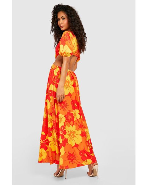Boohoo Orange Ring Detail Floral Cut Out Maxi Dress