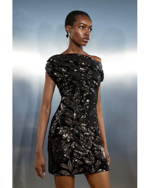 Karen Millen Black Velvet Sequin Woven One Shoulder Mini Dress