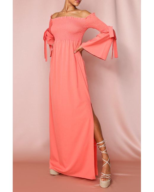 MissPap Pink Shirred Flute Sleeve Bardot Maxi Dress