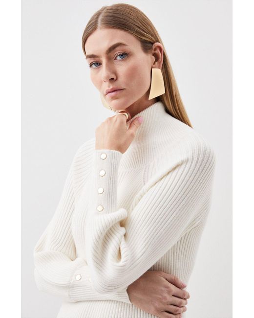 Karen Millen White Viscose Blend Funnel Neck Cable Knit Maxi Dress