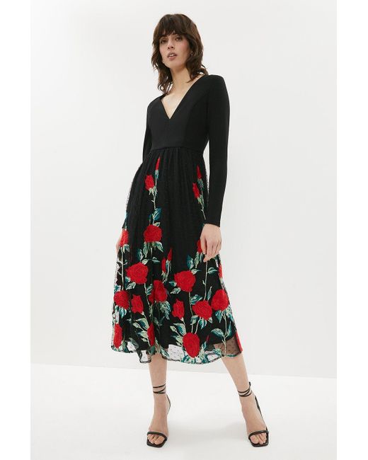 Coast Black Embroidered Mesh Skirt Midi Dress