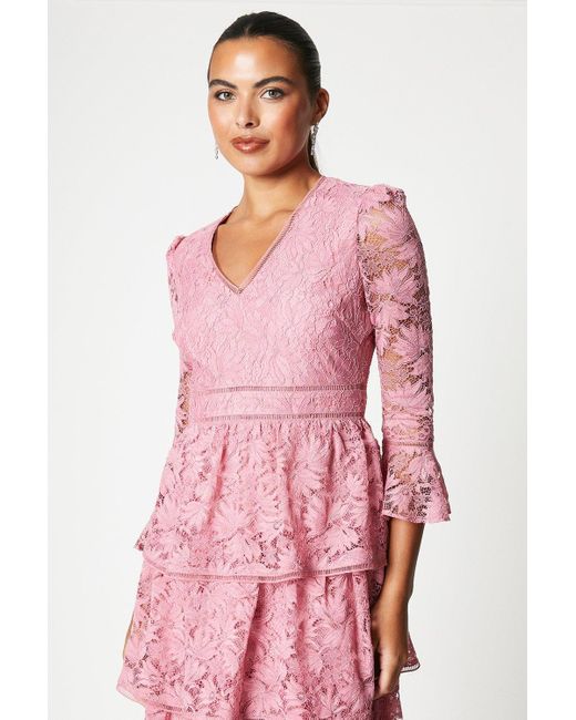 Coast Pink Layered Lace Dress With Ruffle Sleeve