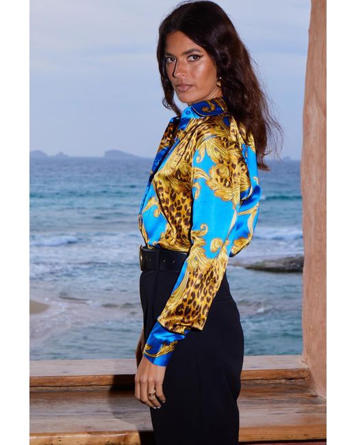 Dancing Leopard Blue Nevada Baroque Print Satin Shirt Soft Long Sleeve Button Down Blouse