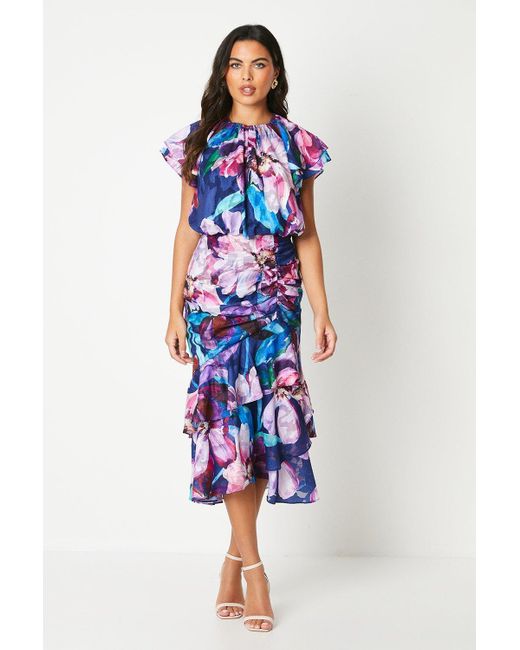 Coast Blue Georgette Jacquard Midi Dress With Ruched Skirt