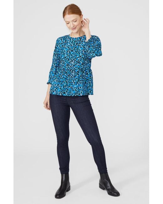 MAINE Blue Animal Print Frill Detail Top