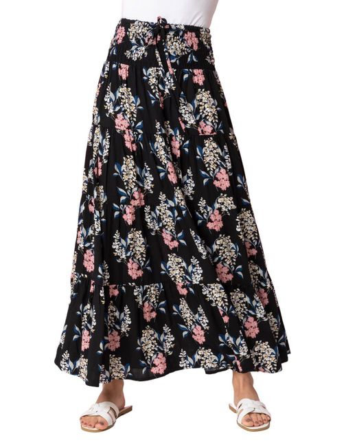 Roman Black Floral Shirred Waist Maxi Skirt