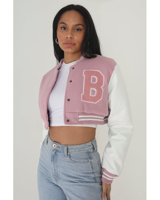 Brave Soul Pink Faux Wool 'lucy' Cropped Varsity Bomber Jacket