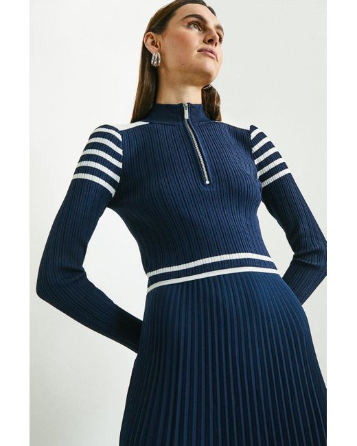 Karen Millen Blue Sporty Stripe Pleat Skirt Knit Dress