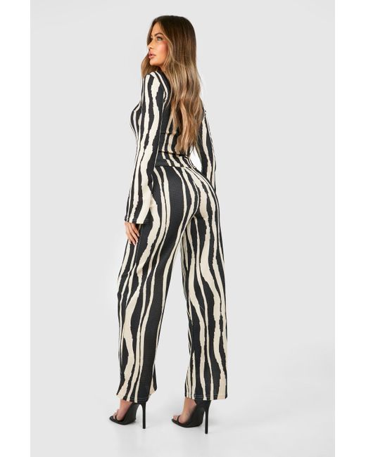 Boohoo Black Textured Zebra Print Wide Leg Trousers