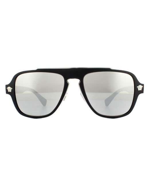 Versace Aviator Matte Black Dark Grey Silver Mirror Sunglasses for men