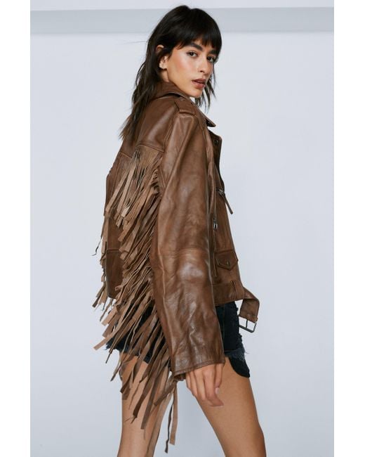 Nasty Gal Brown Real Leather Belted Fringed Moto Jacket
