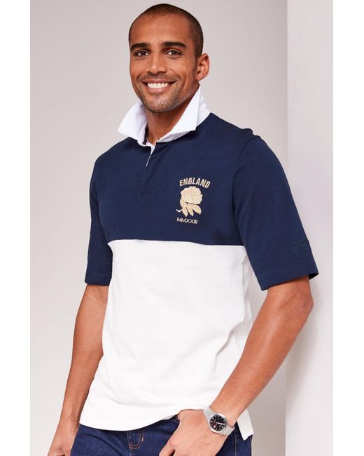 Cotton Traders Blue England Classic Short Sleeve Panelled Rugby Shirt for men