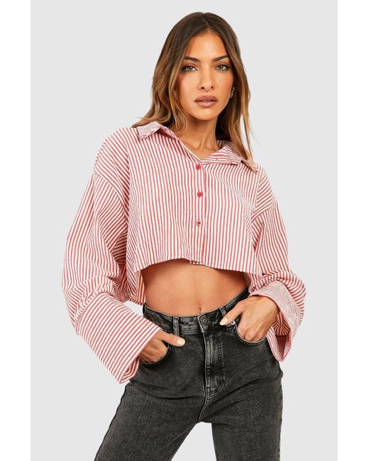 Boohoo Pink Oversized Crop Wide Sleeve Striped Shirt
