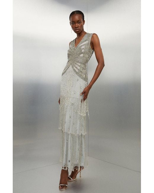 Karen Millen Gray Tall Embellished Beaded Woven Maxi Dress