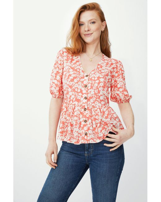 MAINE Red Leafy Floral Print Frill Hem Top