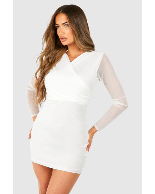Boohoo White Mesh Cross Over Ruched Mini Dress