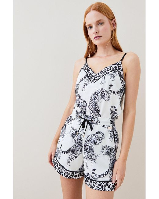 Karen Millen White Conversational Leopard Satin Nightwear Short