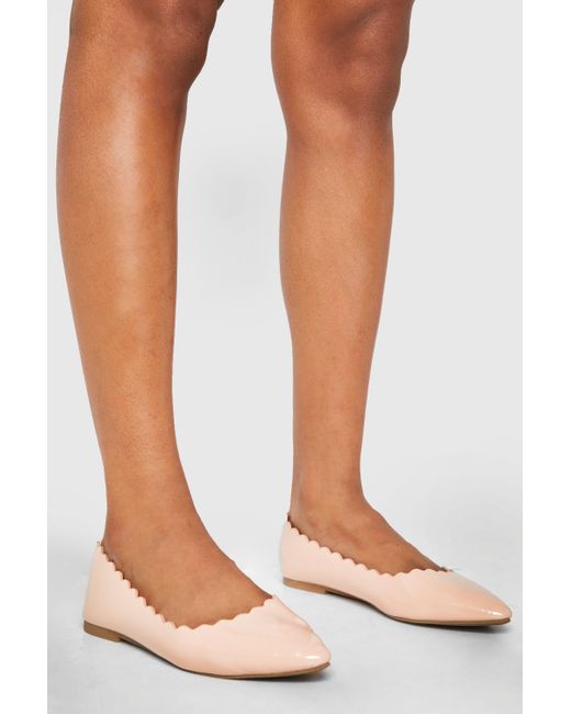 Boohoo Natural Scallop Edge Crinkle Patent Pointed Ballet Flats