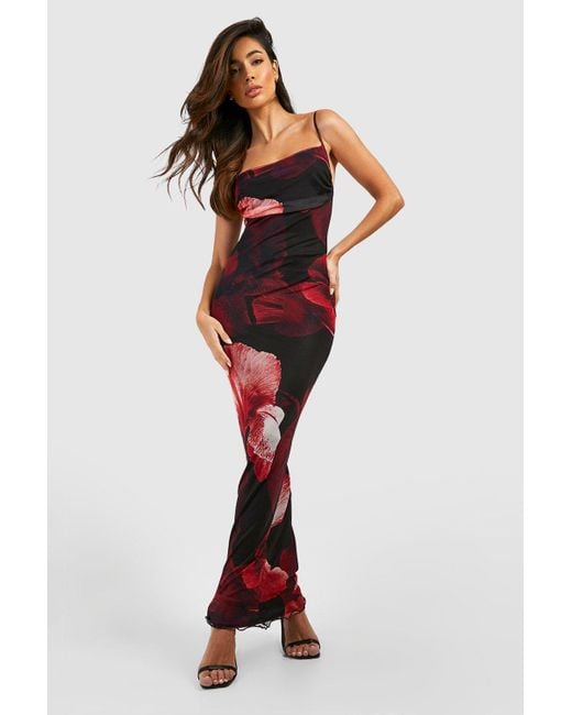 Boohoo Red Abstract Floral Print Mesh Maxi Slip Dress