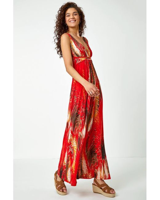 Roman Red Abstract Print Stretch Jersey Maxi Dress