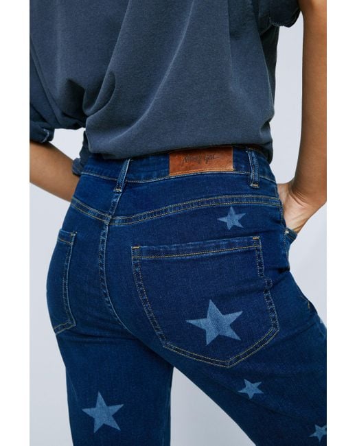 Nasty Gal Blue Petite Star Print Stretch Flared Denim Jeans