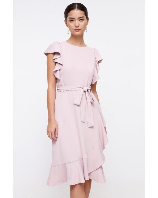 Coast Pink Petite Ruffle Shoulder Tie Waist Dress