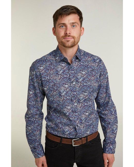 Double Two Wine & Blue Paisley Print Long Sleeve Formal Shirt for men