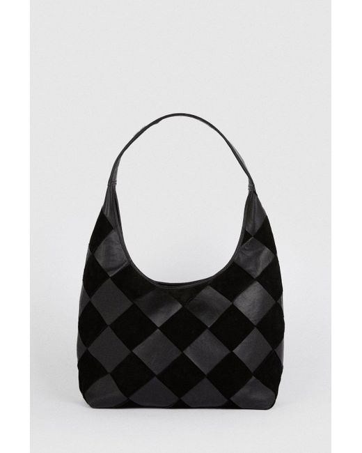Oasis Black Leather And Suede Diamond Detail Shoulder Bag