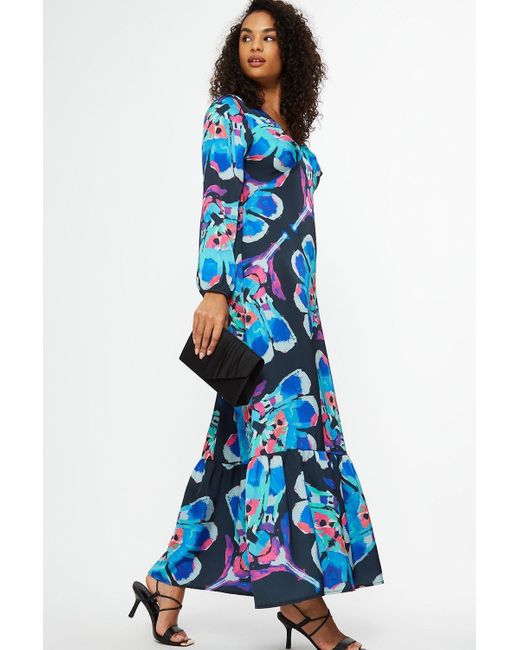 Dorothy Perkins Blue Bright Floral Smock Long Sleeve Maxi Dress