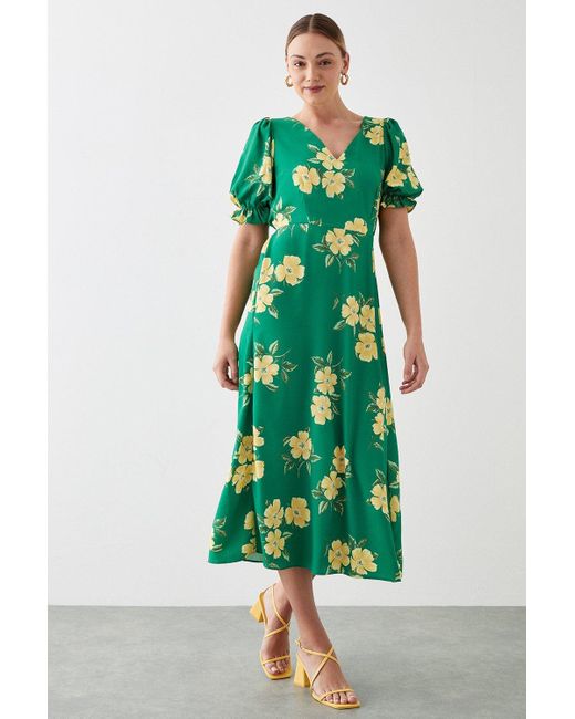 Dorothy Perkins Tall Green Floral Print V Neck Puff Sleeve Midi Dress