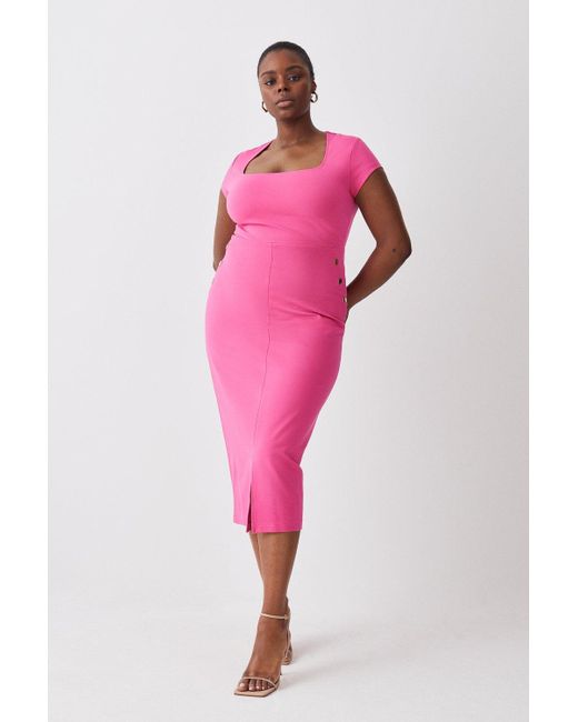 Karen Millen Pink Plus Size Square Neck Military Trim Ponte Pencil Midaxi Dress