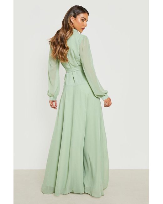 Boohoo Green Chiffon Wrap Belted Maxi Dress