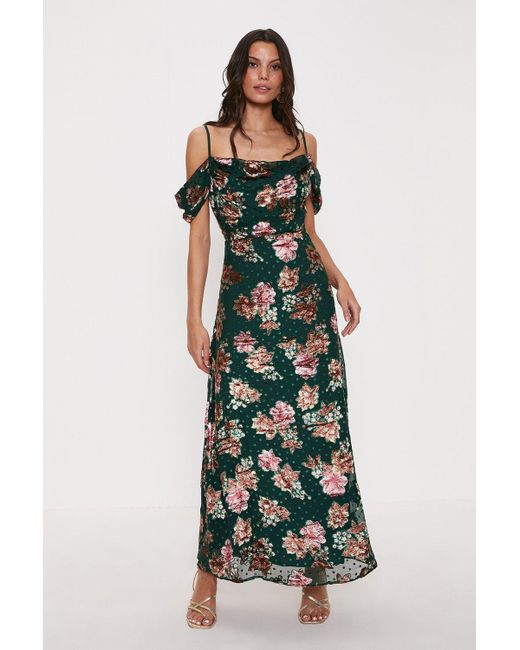 Oasis Green Floral Devore Cowl Neck Maxi Dress