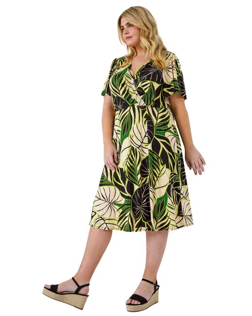 Roman Yellow Curve Tropical Leaf Stretch Wrap Dress