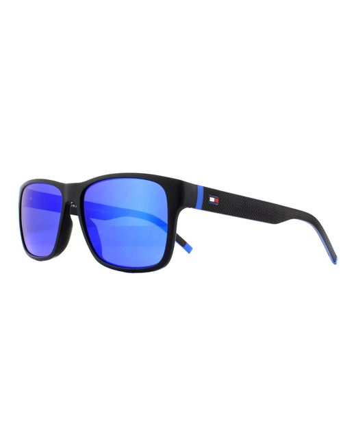 Tommy Hilfiger Rectangle Matte Black Blue Blue Mirror Sunglasses for men