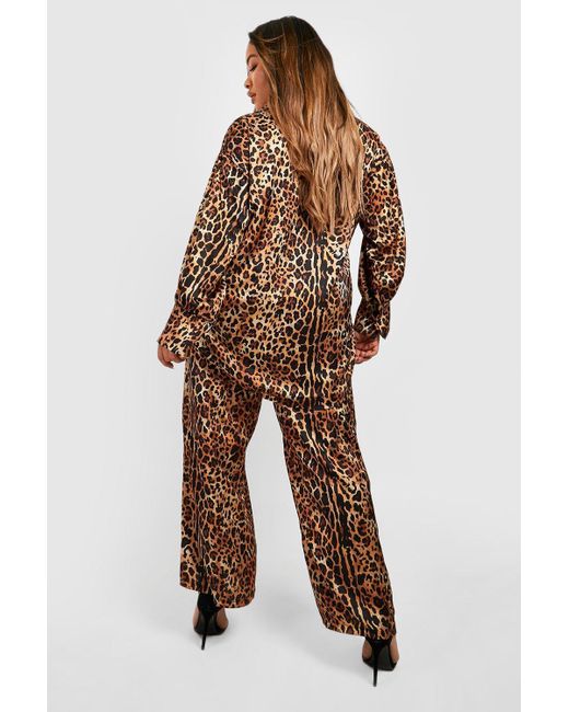 Boohoo Brown Plus Satin Leopard Print Two-piece Pants